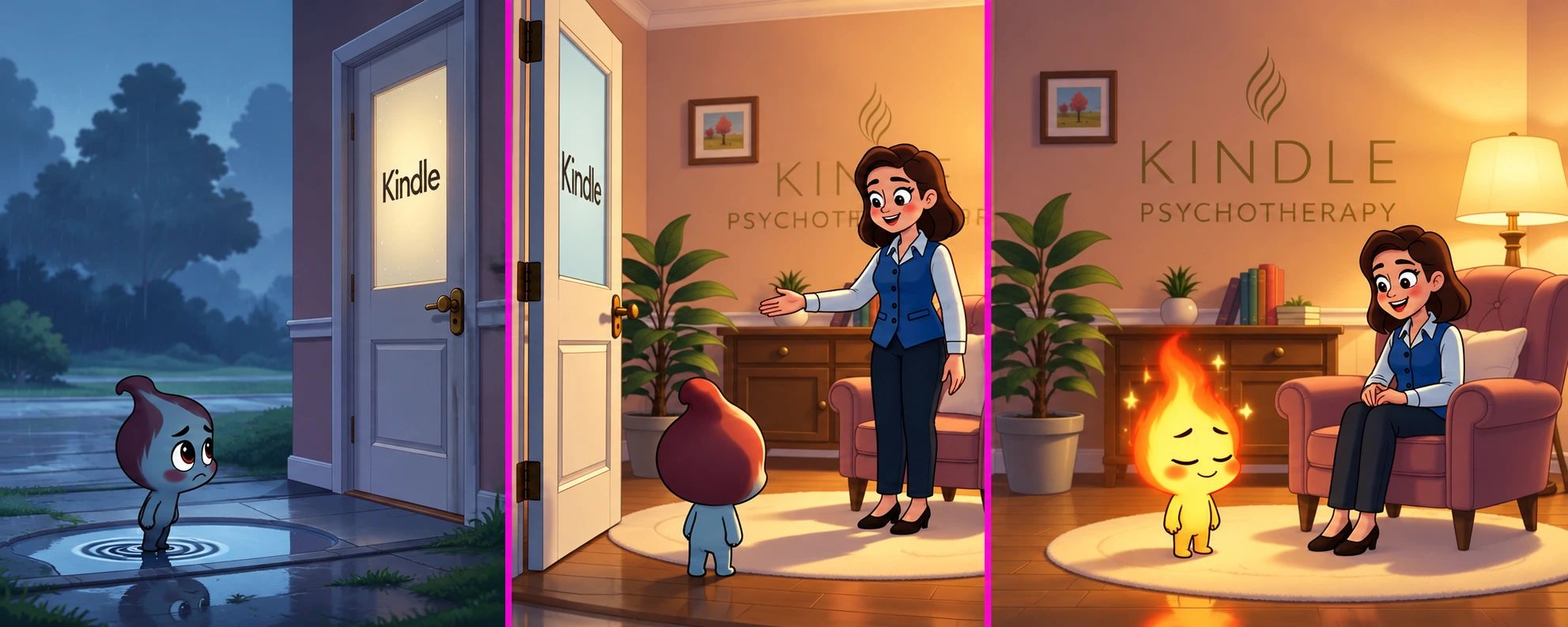 Three moments from the Kindle animation: a sad flame outside, a therapist's welcome and a glowing flame inside.